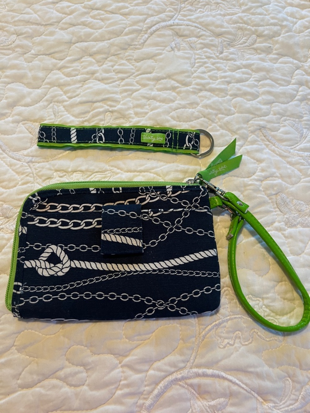 Thirty-one Navy Chain Print Wristlet with Lime Green Trim with Wristlet Key Fob.